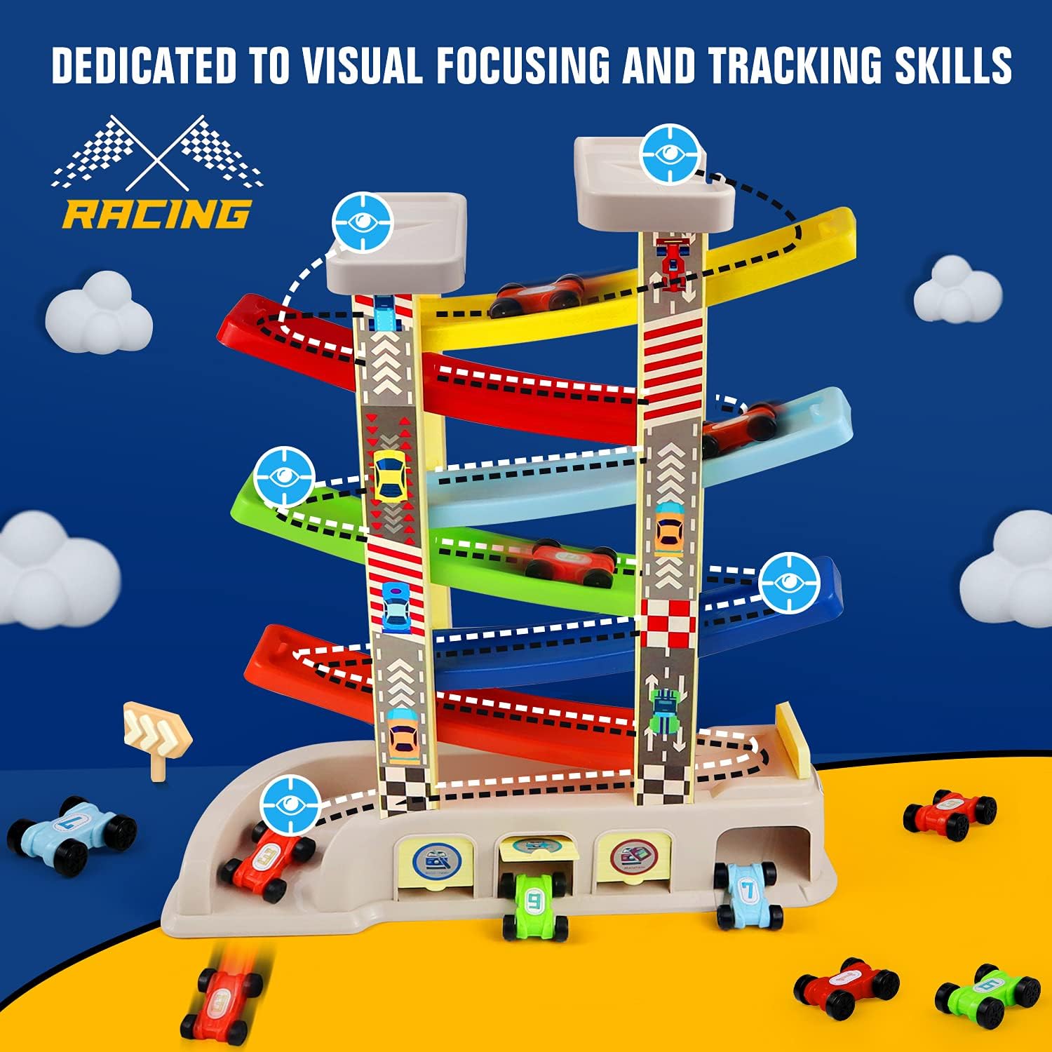 Drofex Montessori Toys for 2 3 Year Old Boys Toddlers, Car Ramp Toys with 6 Cars & Race Tracks, Garages and Parking Lots, Ramp Racer Toy Gift for Boys Girls Age 18 Months and Up, Multicolor - Drofex