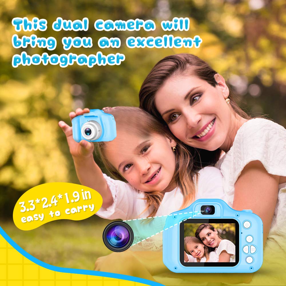 Drofex Kids Selfie Camera, Christmas Birthday Gifts for Boys Age 3 - 9, HD Digital Video Cameras for Toddler, Portable Toy for 3 4 5 6 7 8 Year Old Boy with 32GB SD Card - Blue - Drofex