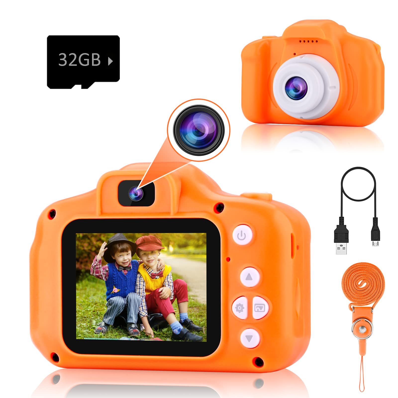 Drofex Kids Selfie Camera, Christmas Birthday Gifts for Boys Age 3 - 9, HD Digital Video Cameras for Toddler, Portable Toy for 3 4 5 6 7 8 Year Old Boy with 32GB SD Card - orange - Drofex