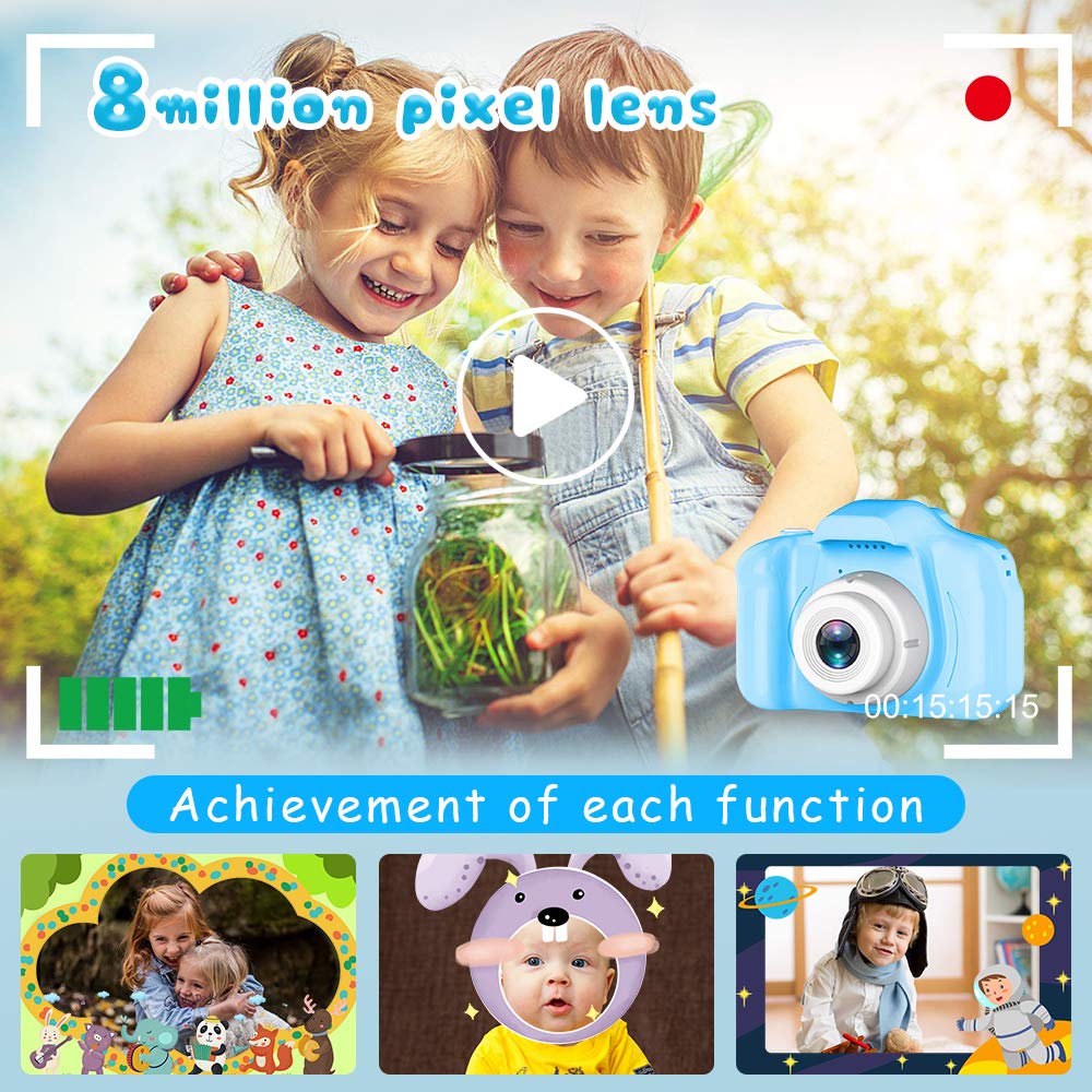 Drofex Kids Selfie Camera, Christmas Birthday Gifts for Boys Age 3 - 9, HD Digital Video Cameras for Toddler, Portable Toy for 3 4 5 6 7 8 Year Old Boy with 32GB SD Card - Blue - Drofex