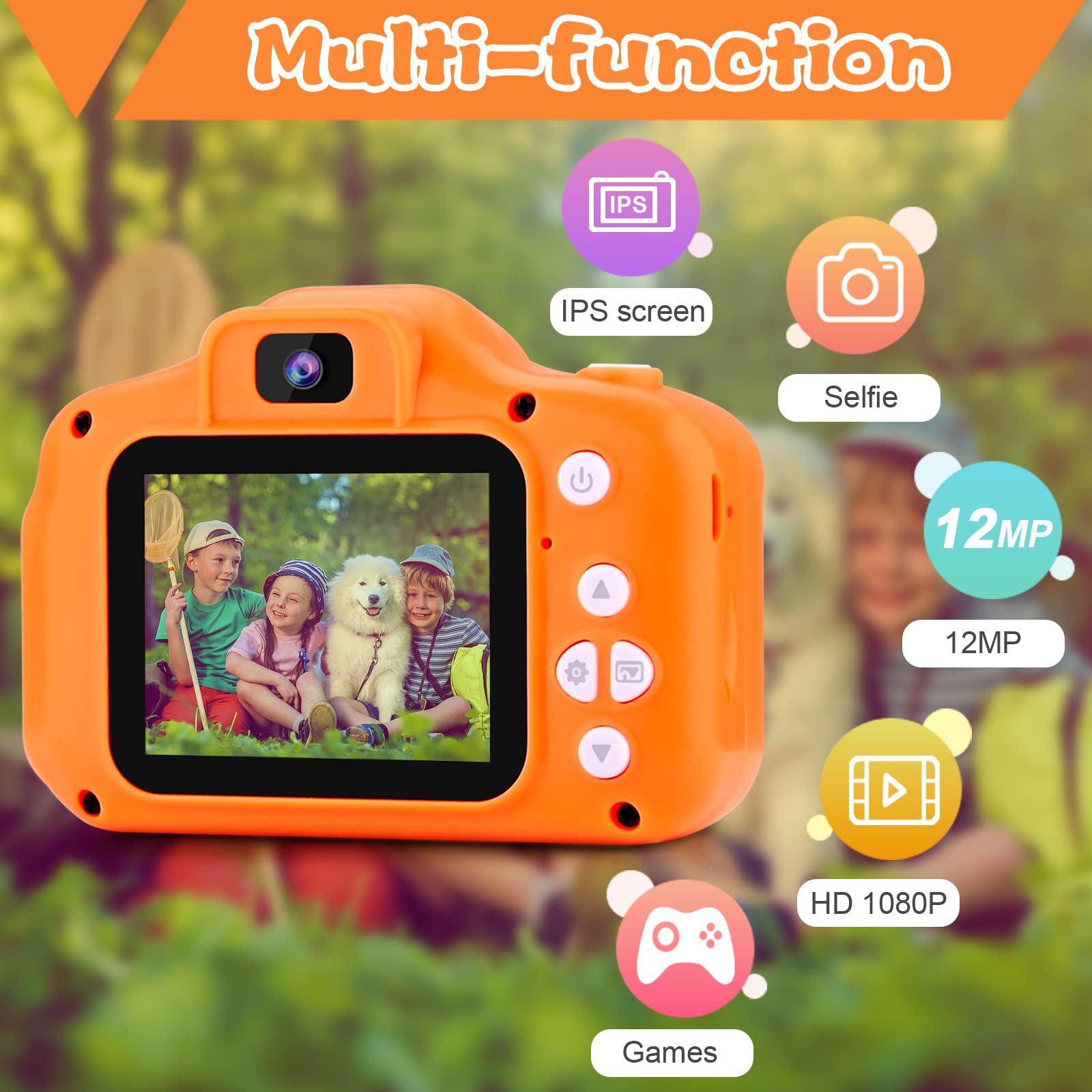 Drofex Kids Selfie Camera, Christmas Birthday Gifts for Boys Age 3 - 9, HD Digital Video Cameras for Toddler, Portable Toy for 3 4 5 6 7 8 Year Old Boy with 32GB SD Card - orange - Drofex