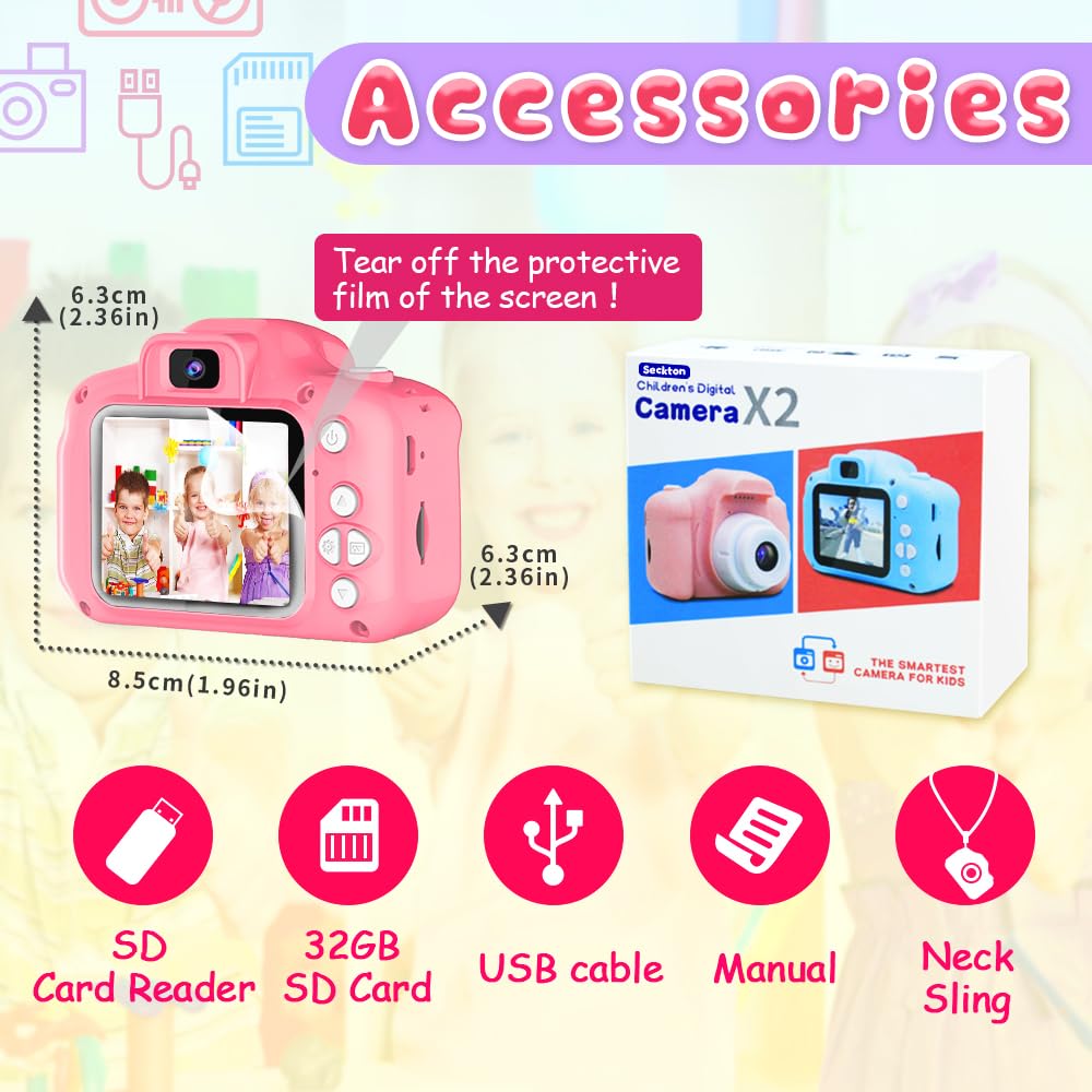 Drofex Kids Selfie Camera, Christmas Birthday Gifts for Girls Age 3 - 9, HD Digital Video Cameras for Toddler, Portable Toy for 3 4 5 6 7 8 Year Old Girl with 32GB SD Card - Pink - Drofex