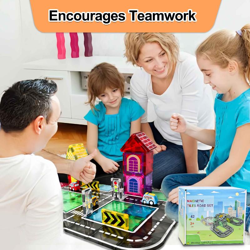 Drofex Magnetic Tiles (42pc) - Base Road Toppers Magnetic Building Blocks City Construction Toys for 3+Year Old Boys Girls, Kids Toys Montessori Toys for Toddler, STEM Learning Gifts - Drofex