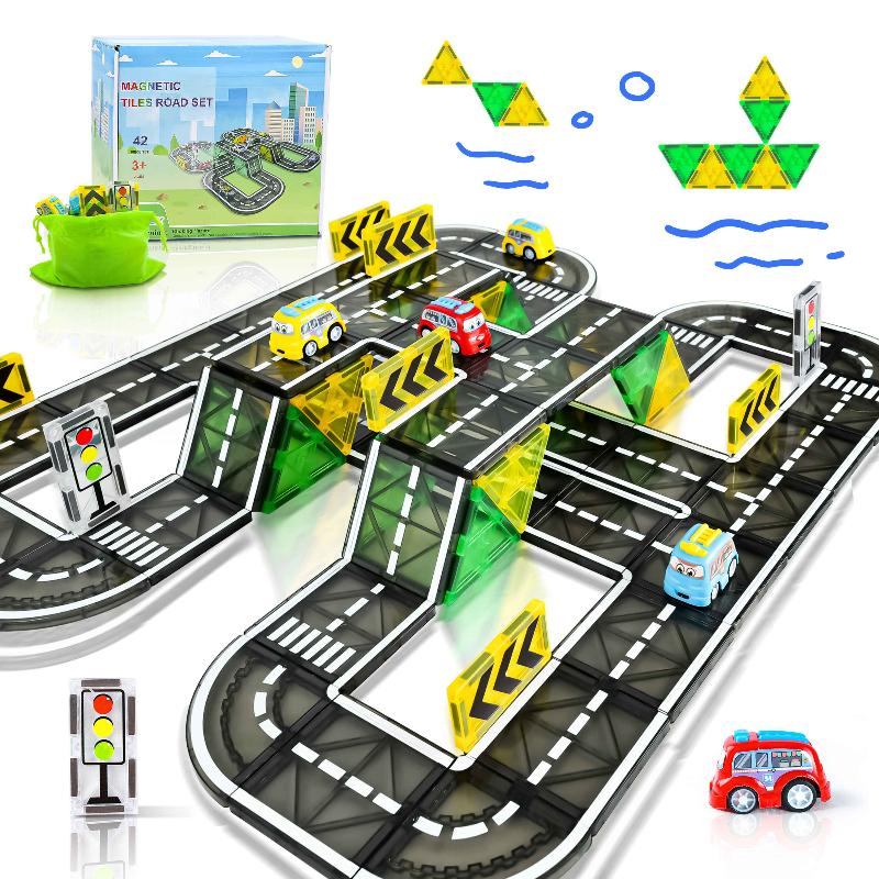 Drofex Magnetic Tiles (42pc) - Base Road Toppers Magnetic Building Blocks City Construction Toys for 3+Year Old Boys Girls, Kids Toys Montessori Toys for Toddler, STEM Learning Gifts - Drofex