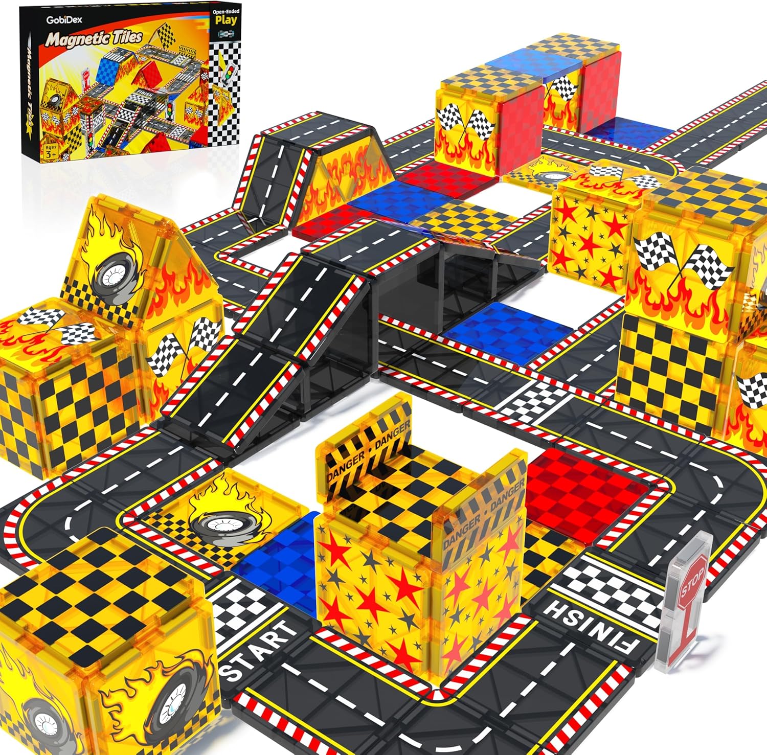 Drofex Magnetic Tiles Kids Construction Toys - Road Set with Magnet Crane for Boys Age 3 - 5 4 - 8 8 - 10, Magnet Building Blocks Expansion Pack Toy Car Track Train Set, Road, Dolls, Traffic Lights and Stations - Drofex