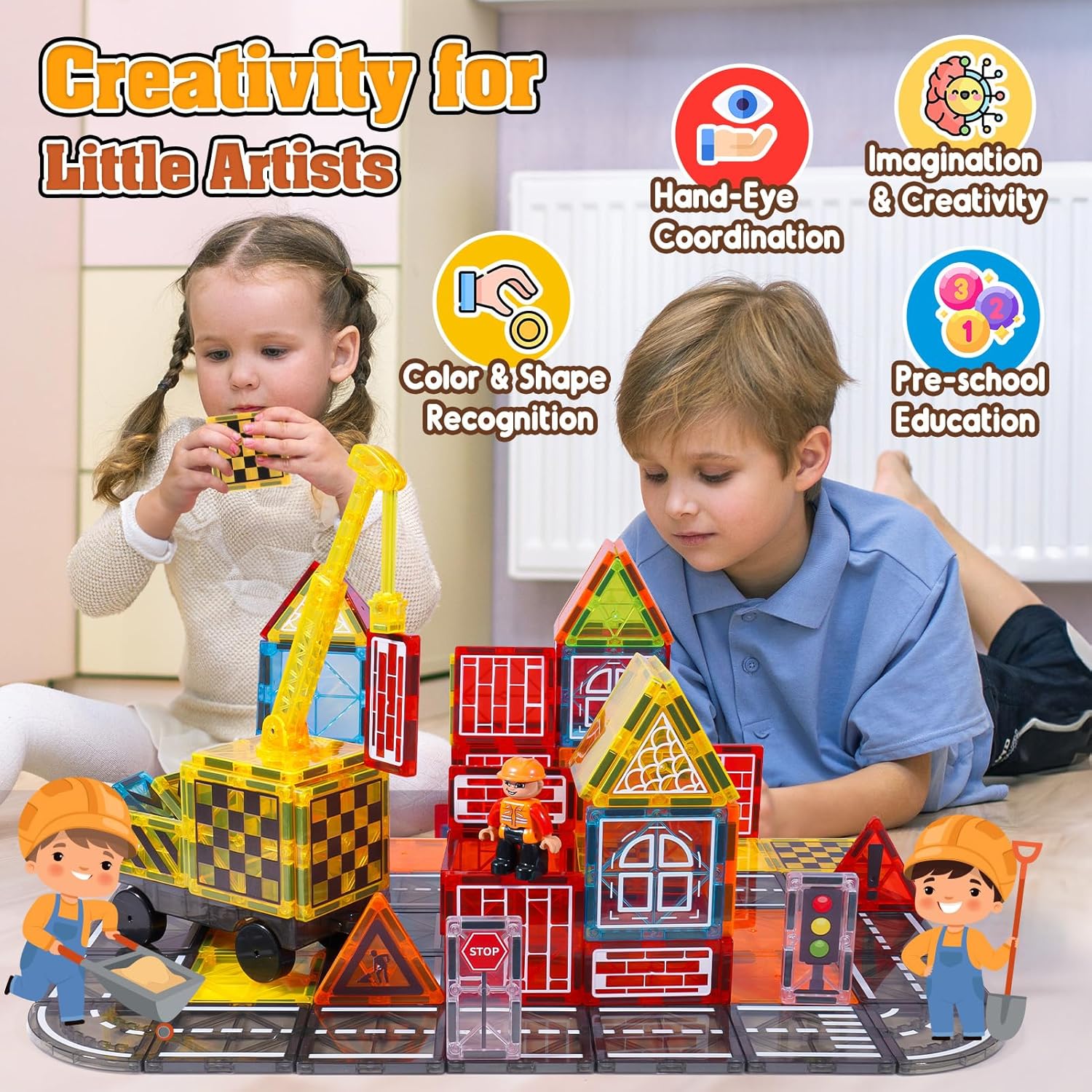 Drofex Magnetic Tiles Kids Construction Toys - Road Set with Magnet Crane for Boys Age 3 - 5 4 - 8 8 - 10, Magnet Building Blocks Expansion Pack Toy Car Track Train Set, Road, Dolls, Traffic Lights and Stations - Drofex