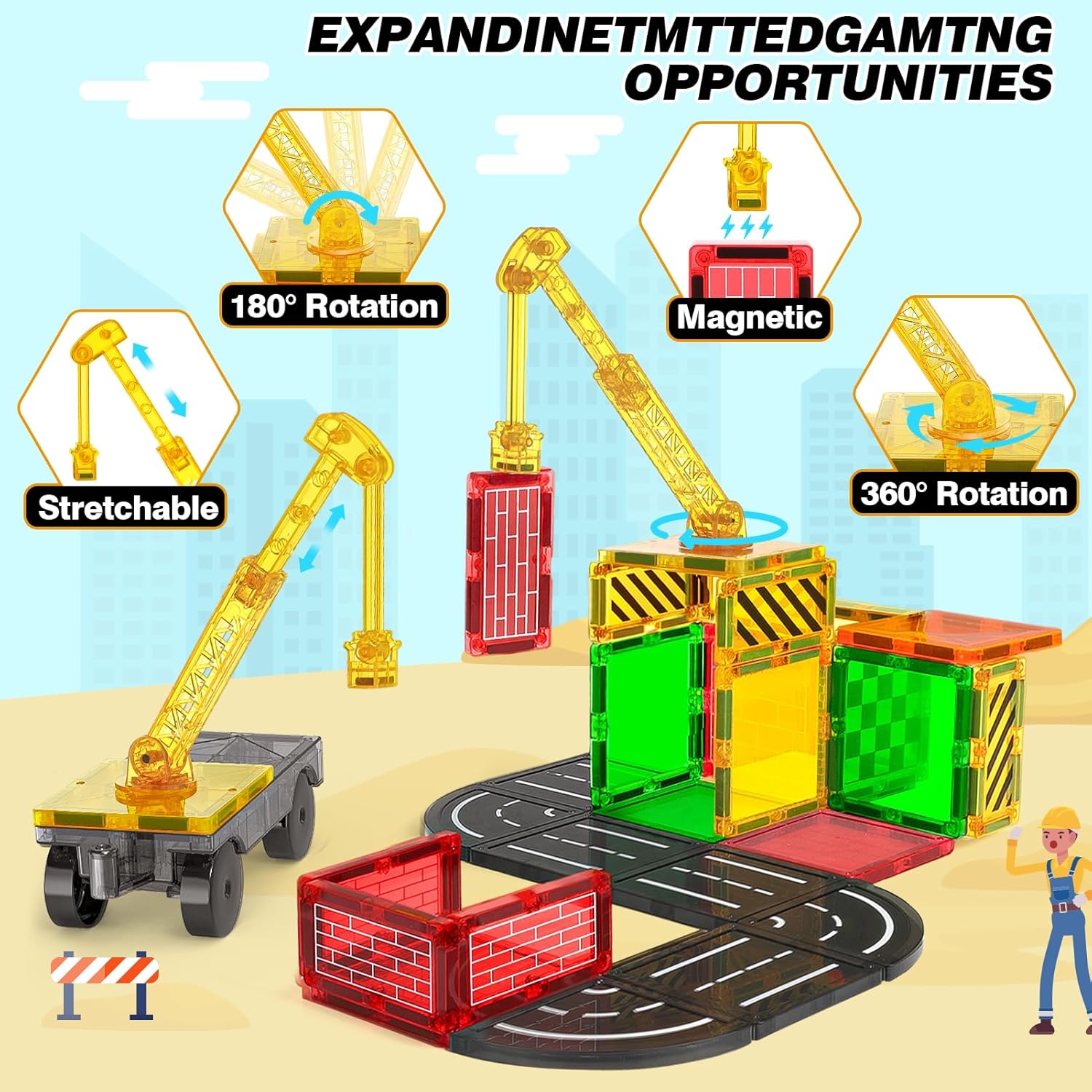 Drofex Magnetic Tiles Road Building Blocks - Magnet Crane Car Set for Kids Ages 3 - 5 4 - 8 5 - 7 Preschool City Construction Kids Games Dinosaur Toddler Toys for 3+ Year Old Boys Girls Christmas Birthday Gifts - Drofex