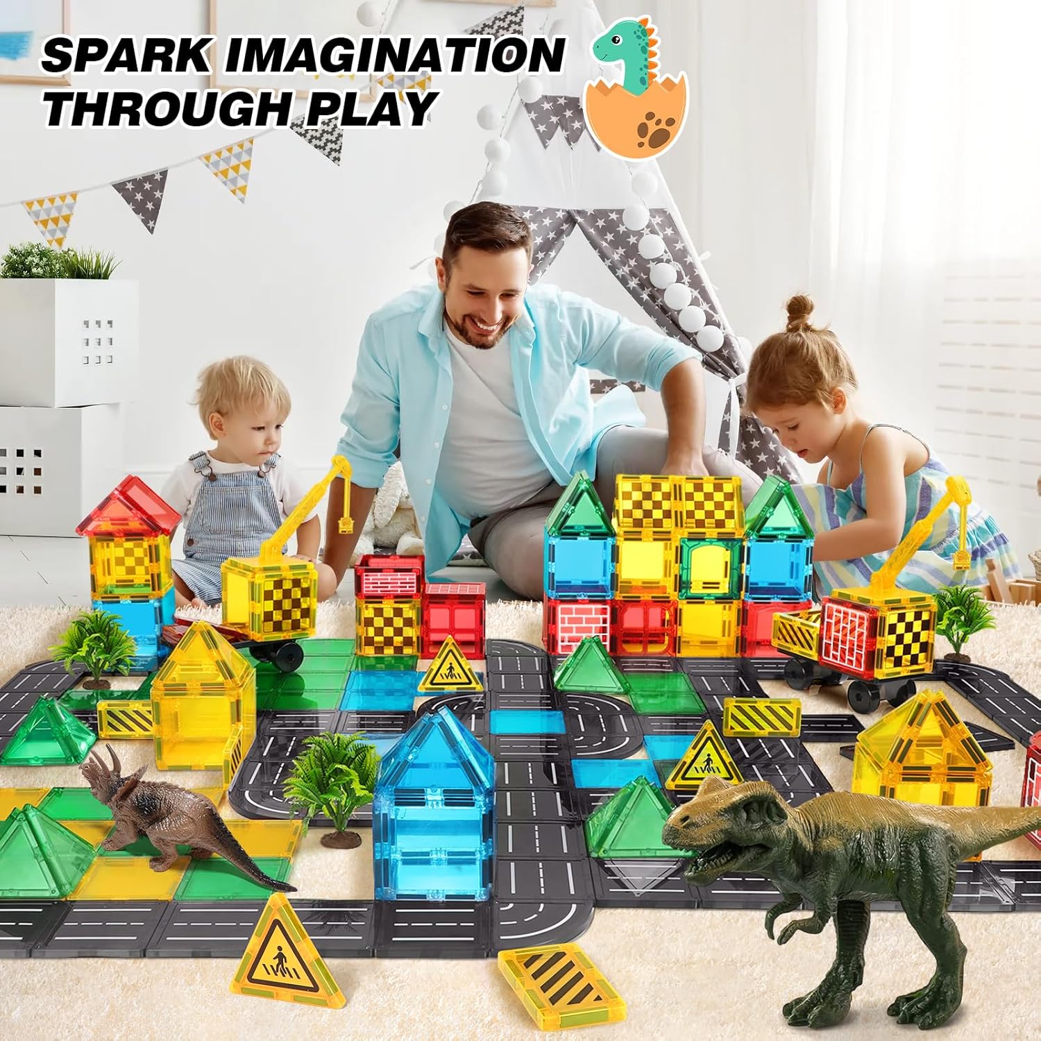 Drofex Magnetic Tiles Road Building Blocks - Magnet Crane Car Set for Kids Ages 3 - 5 4 - 8 5 - 7 Preschool City Construction Kids Games Dinosaur Toddler Toys for 3+ Year Old Boys Girls Christmas Birthday Gifts - Drofex