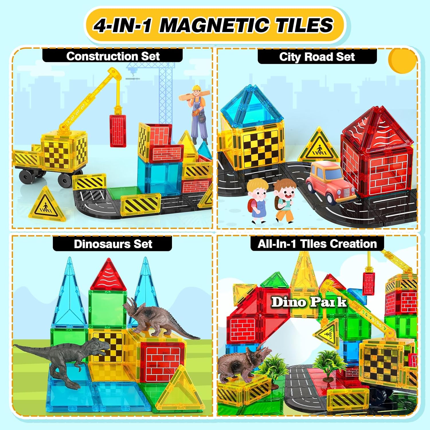 Drofex Magnetic Tiles Road Building Blocks - Magnet Crane Car Set for Kids Ages 3 - 5 4 - 8 5 - 7 Preschool City Construction Kids Games Dinosaur Toddler Toys for 3+ Year Old Boys Girls Christmas Birthday Gifts - Drofex