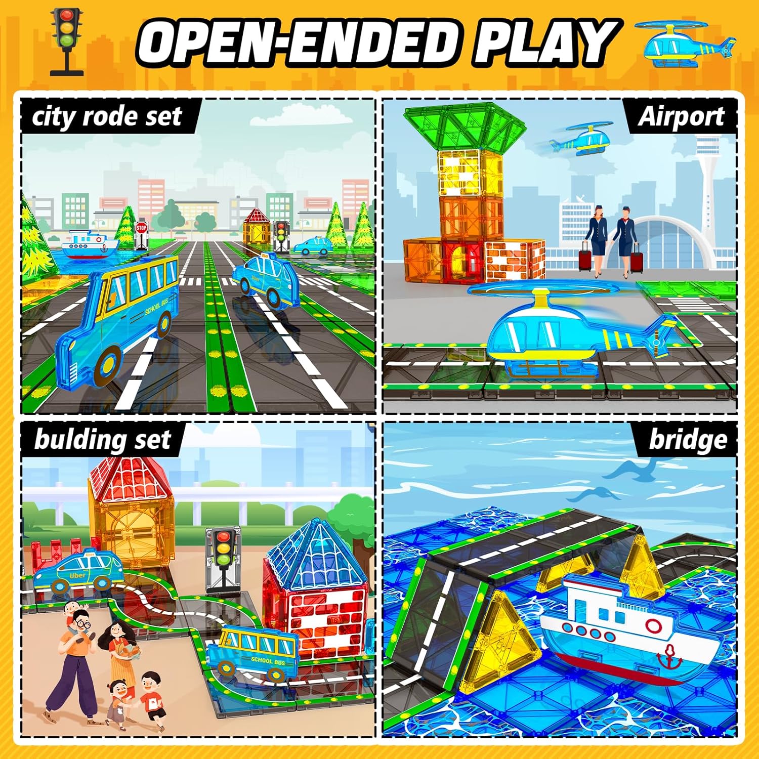 Drofex Magnetic Tiles Road Set with Car Magnet Building Tile Toys for Kids Ages 3 - 5 4 - 8 5 - 7 Magnetic Blocks Expansion Pack STEM Construction Toys for 3 Year Old Boy Girl Toddler Christmas Birthday Gift 42pcs - Drofex