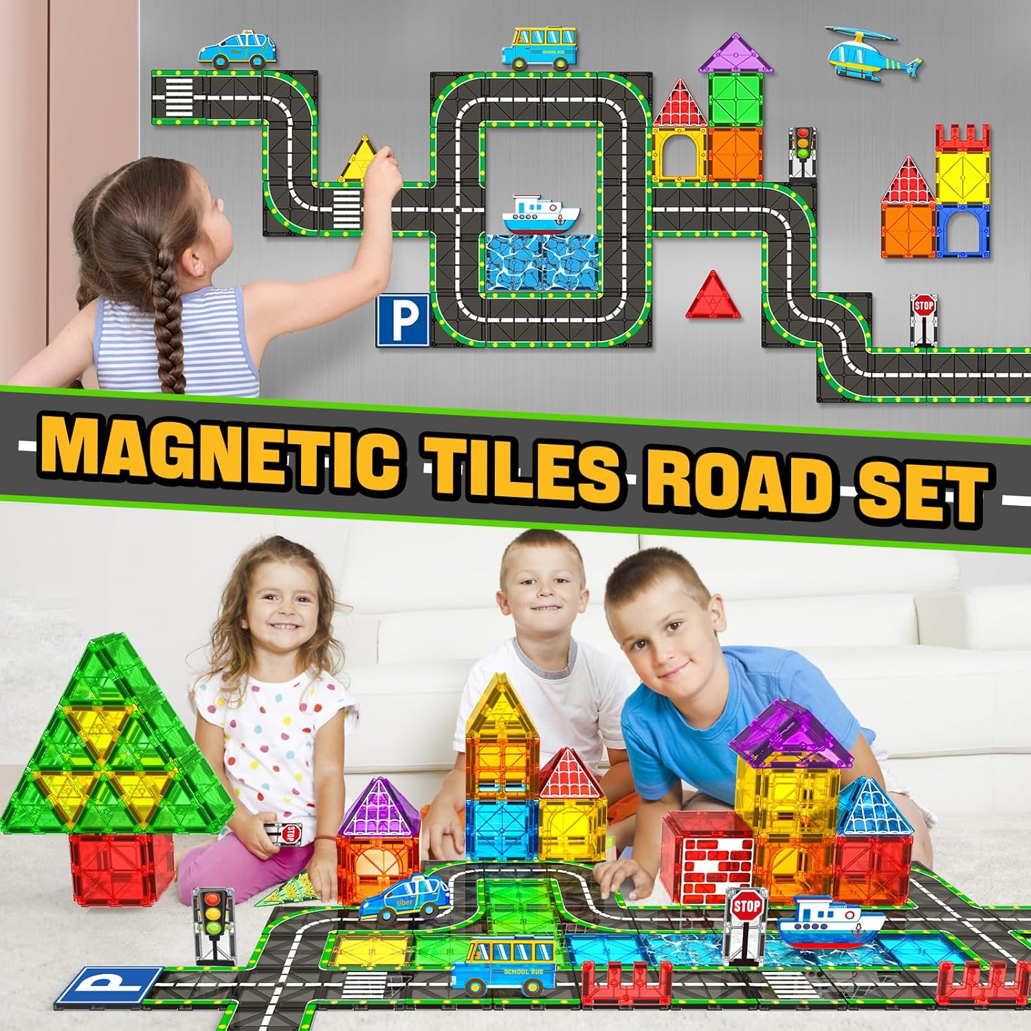 Drofex Magnetic Tiles Road Set with Car Magnet Building Tile Toys for Kids Ages 3 - 5 4 - 8 5 - 7 Magnetic Blocks Expansion Pack STEM Construction Toys for 3 Year Old Boy Girl Toddler Christmas Birthday Gift 42pcs - Drofex