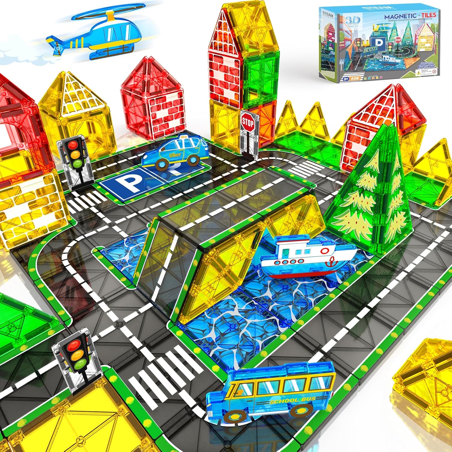 Drofex Magnetic Tiles Road Set with Car Magnet Building Tile Toys for Kids Ages 3 - 5 4 - 8 5 - 7 Magnetic Blocks Expansion Pack STEM Construction Toys for 3 Year Old Boy Girl Toddler Christmas Birthday Gift 42pcs - Drofex