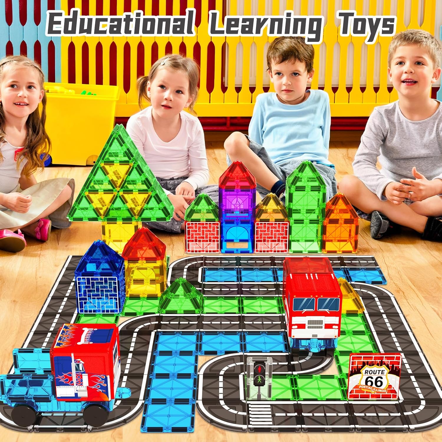 Drofex Magnetic Tiles Road Set with Truck, Magnetic Building Blocks Toddler Toys for 3+ Year Old Boys Girls, Kids Montessori Construction Toys, STEM Sensory Toys Preschool Educational Birthday Toys Gifts - Drofex
