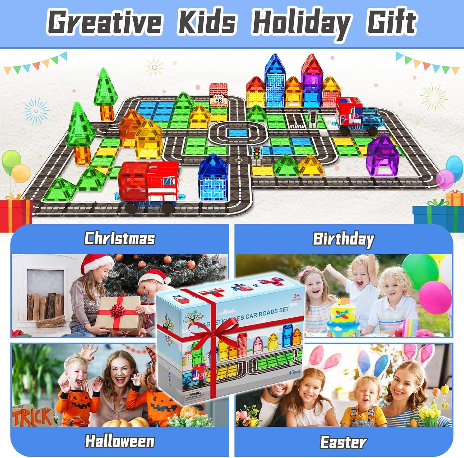 Drofex Magnetic Tiles Road Set with Truck, Magnetic Building Blocks Toddler Toys for 3+ Year Old Boys Girls, Kids Montessori Construction Toys, STEM Sensory Toys Preschool Educational Birthday Toys Gifts - Drofex