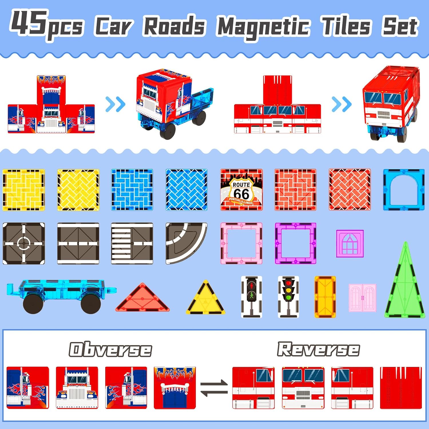 Drofex Magnetic Tiles Road Set with Truck, Magnetic Building Blocks Toddler Toys for 3+ Year Old Boys Girls, Kids Montessori Construction Toys, STEM Sensory Toys Preschool Educational Birthday Toys Gifts - Drofex