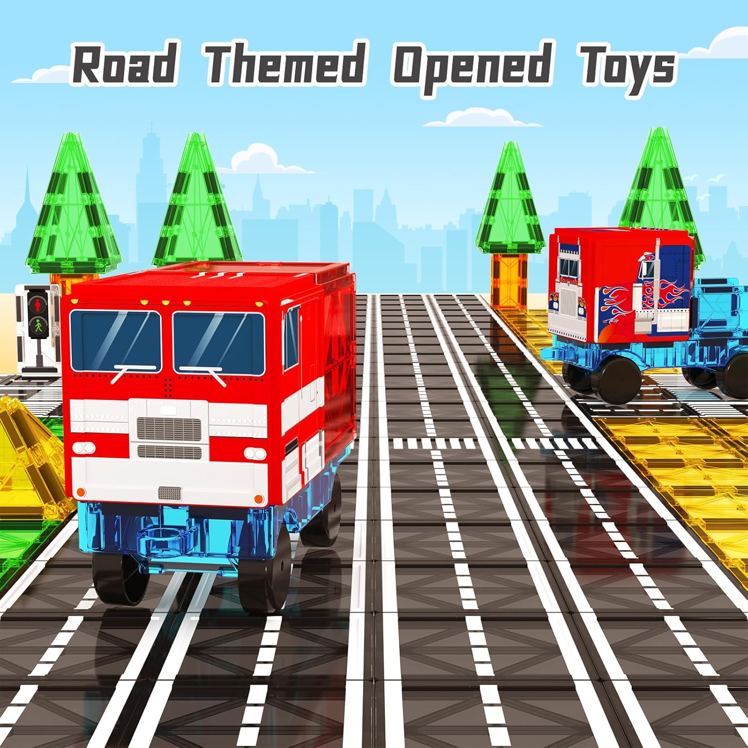 Drofex Magnetic Tiles Road Set with Truck, Magnetic Building Blocks Toddler Toys for 3+ Year Old Boys Girls, Kids Montessori Construction Toys, STEM Sensory Toys Preschool Educational Birthday Toys Gifts - Drofex