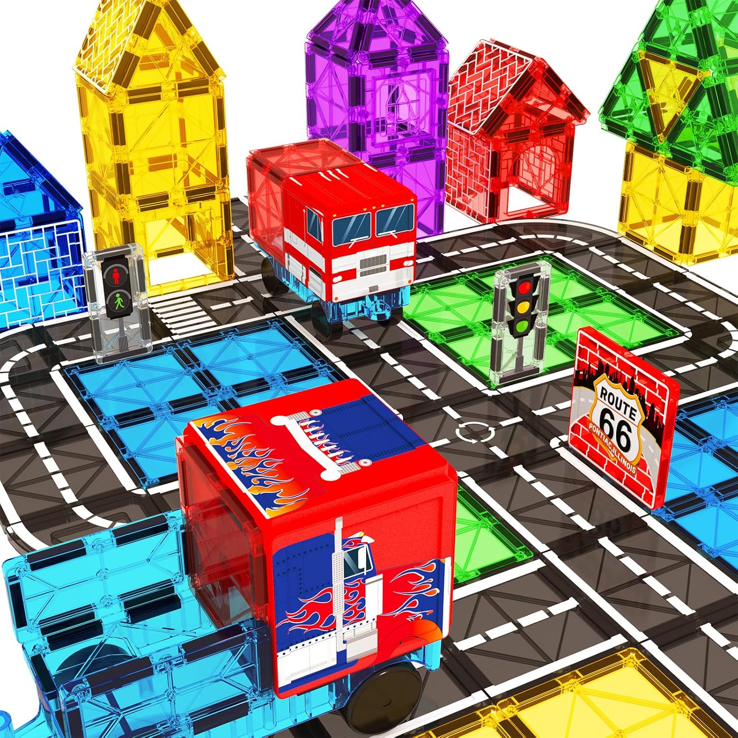 Drofex Magnetic Tiles Road Set with Truck, Magnetic Building Blocks Toddler Toys for 3+ Year Old Boys Girls, Kids Montessori Construction Toys, STEM Sensory Toys Preschool Educational Birthday Toys Gifts - Drofex