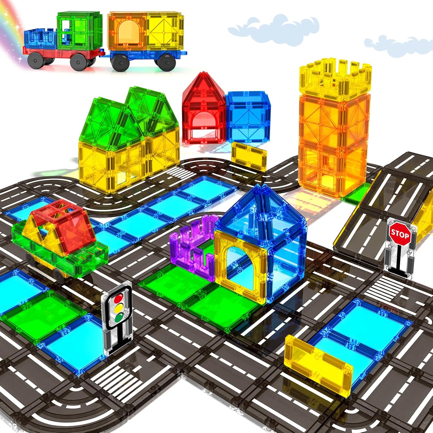 Drofex Magnetic Tiles Road Sets with Car, Magnetic Building Blocks Toys for 3+ Year Old Boys Girls, Montessori Magnet Kids Toys, Construction Toys for Ages 3 4 5 6 7 8 Christmas Birthday Gifts for Toddlers - Drofex