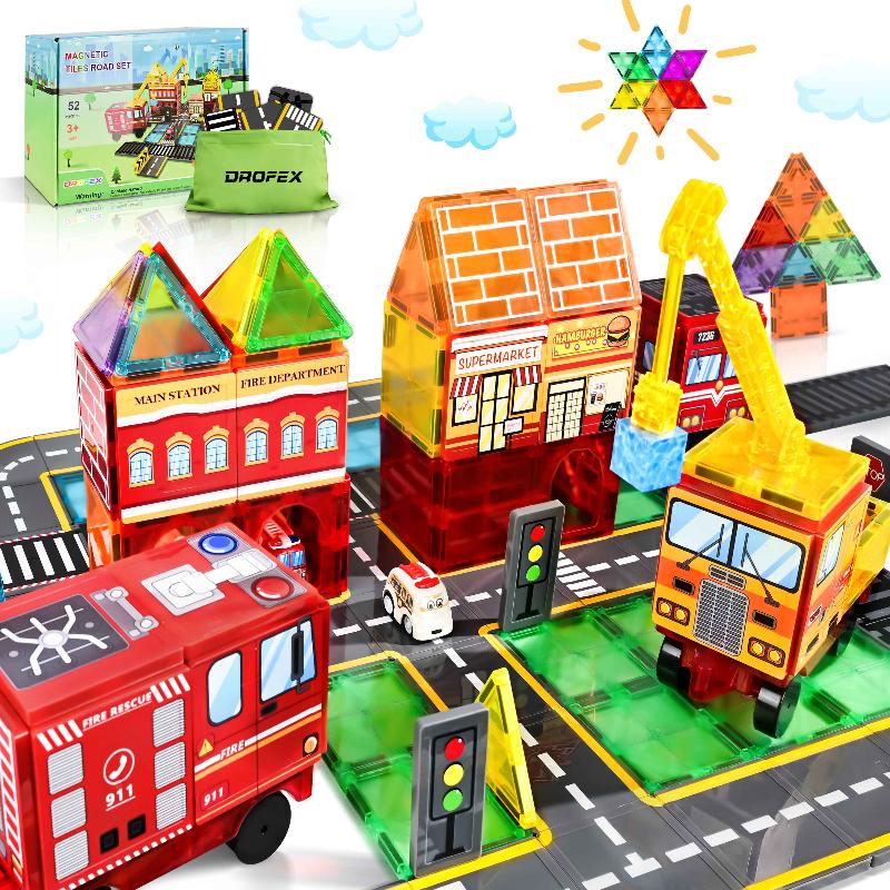Drofex Magnetic Tiles（52pcs） - Set with Fire Truck and Magnetic Crane, Creative Construction Toys for Kids Ages 3 - 12, Boys & Girls, Fire Rescue Station and Engineering Themed Magnetic Building Blocks - Drofex
