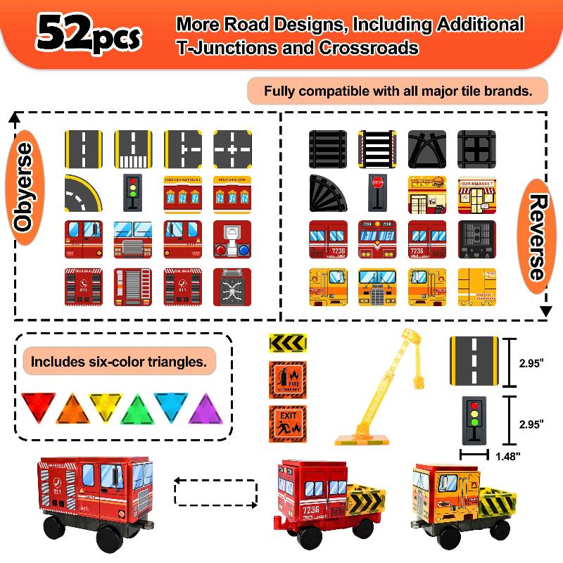 Drofex Magnetic Tiles（52pcs） - Set with Fire Truck and Magnetic Crane, Creative Construction Toys for Kids Ages 3 - 12, Boys & Girls, Fire Rescue Station and Engineering Themed Magnetic Building Blocks - Drofex