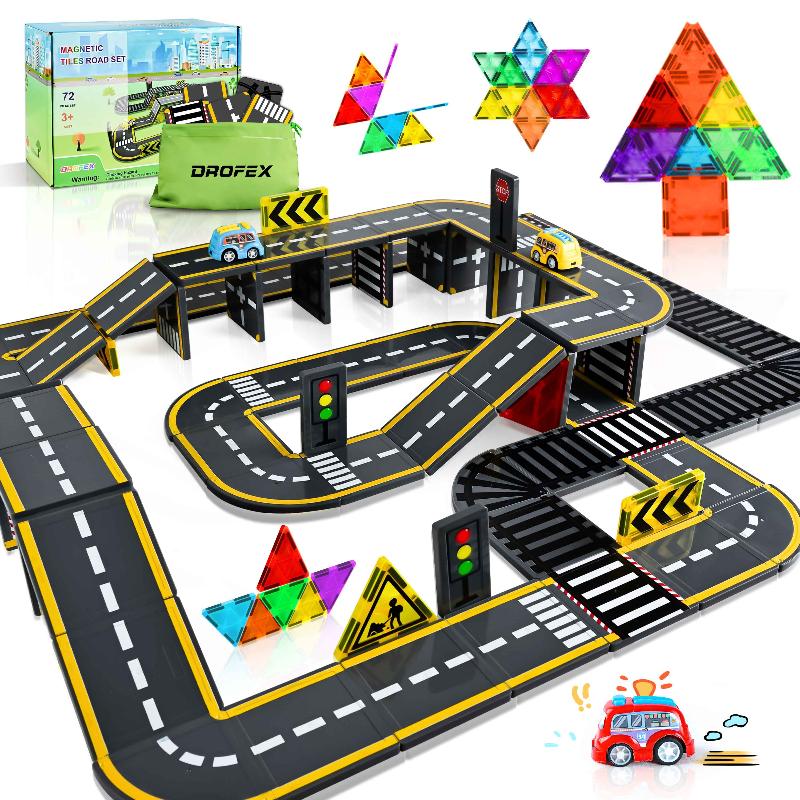Drofex Magnetic Tiles（72pcs） - Road & Train Dual - Sided Expansion Pack & Train Dual - Sided Expansion Pack, Magnetic Building Blocks Construction Toys for 3+Year Old Boys Girls, Kids Toys Montessori Toys for Toddler, STEM Learning Gifts - Drofex