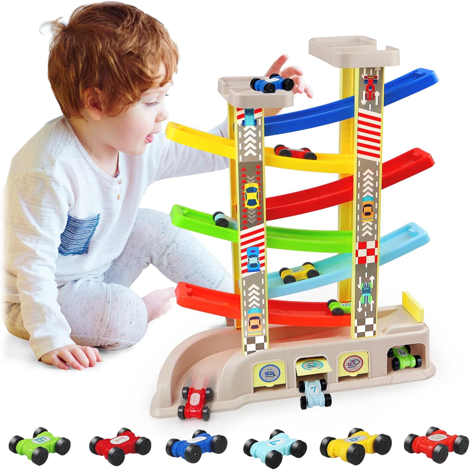 Drofex Montessori Toys for 2 3 Year Old Boys Toddlers, Car Ramp Toys with 6 Cars & Race Tracks, Garages and Parking Lots, Ramp Racer Toy Gift for Boys Girls Age 18 Months and Up, Multicolor - Drofex