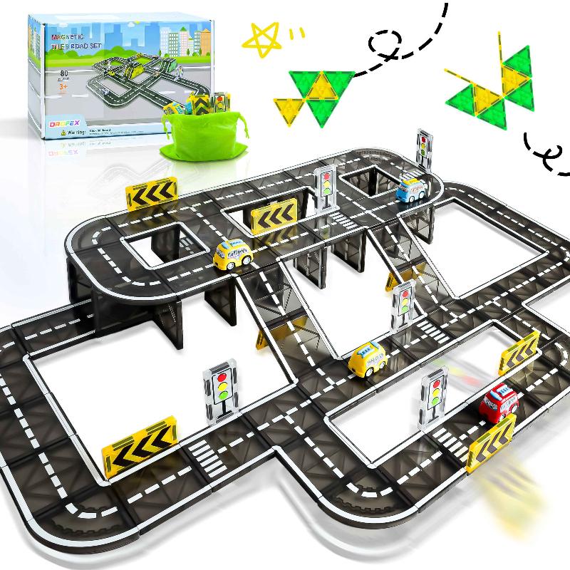 Drofex Transformative Magnetic Tile（80pcs） - 80pcs Magnetic Tiles Road Toppers for Imaginative Play Toys for 3+Year Old Boys Girls, Kids Toys Montessori Toys for Toddler, STEM Learning Gifts - Drofex
