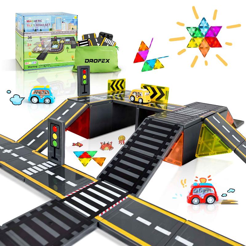 Magnetic Tiles - Road & Train Dual - Sided Expansion Pack (36pcs) - Drofex